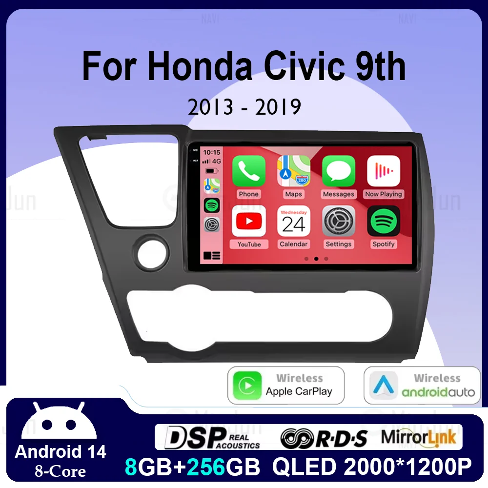 

Wireless CarPlay Auto Multimedia GPS for Honda Civic 9th 2013 2014 2015 2016 2017 2018 2019 Android 14 Car Radio Head Unit