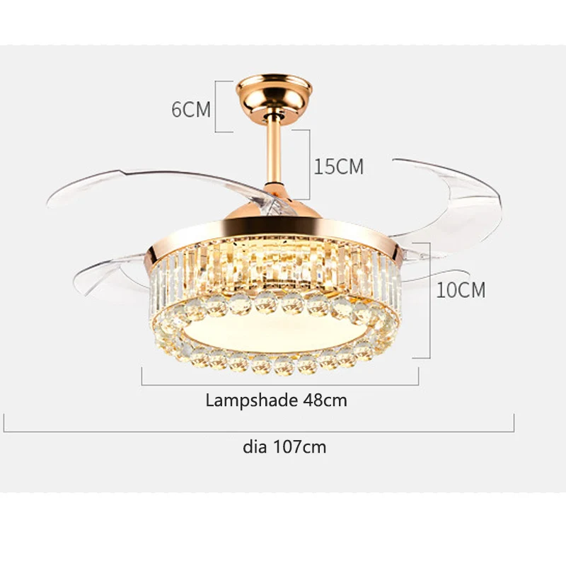 Kristallen gouden plafondventilatoren met verlichting 42 inch LED-kroonluchter Plafondventilator met afstandsbediening Fandelier voor woonkamer slaapkamer