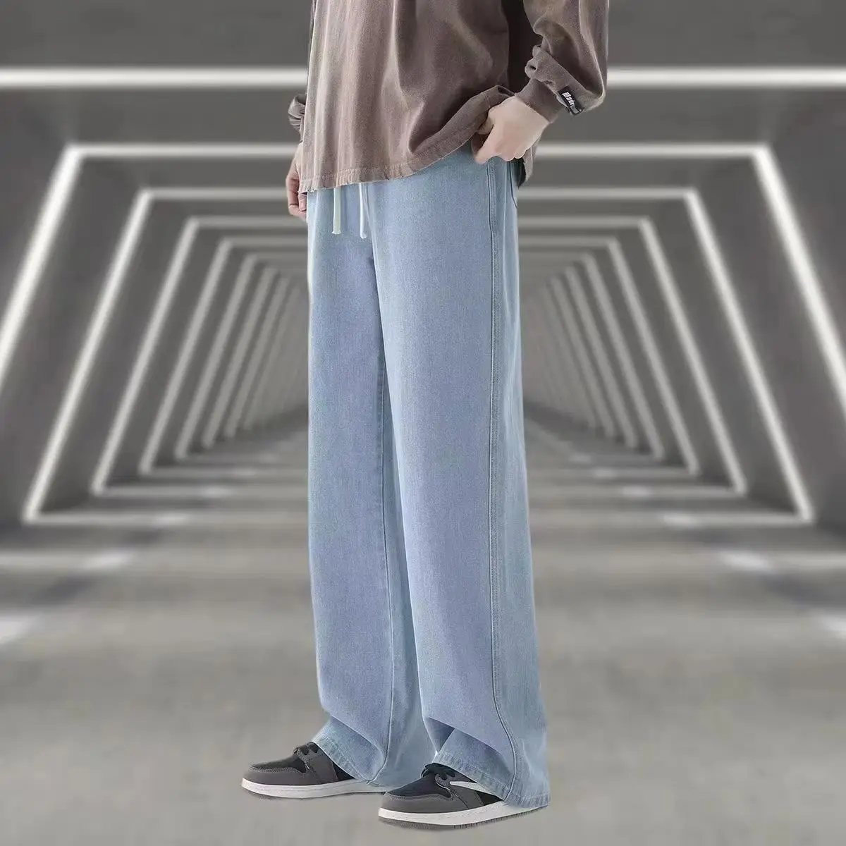 

Уличная одежда, свободные джинсы, мужские модные свободные прямые широкие брюки в корейском стиле, мужская брендовая одежда, черный, светло-синий, серый