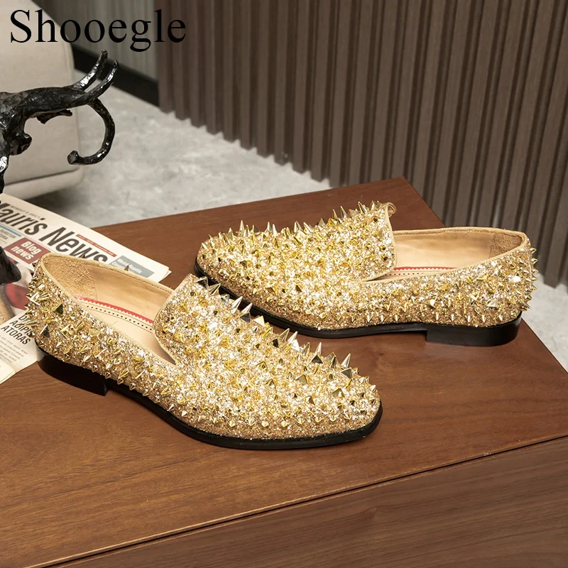 Gold Bling Bling Spiked Shoes Men Round Toe Rivet Studded Sequined Flat Shoes For Man Slip On Party Shoes Male Gold Sliver Shoes