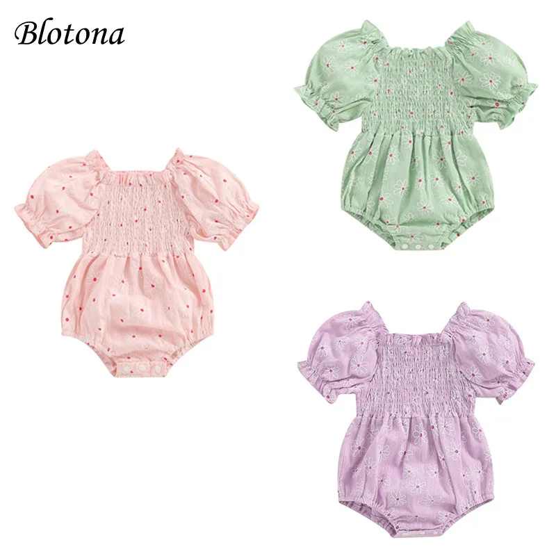 

Blotona Baby Girl Romper Casual Short Puff Sleeve Floral Print Smocked Bodysuit Newborn Pleated Playsuit 0-24M