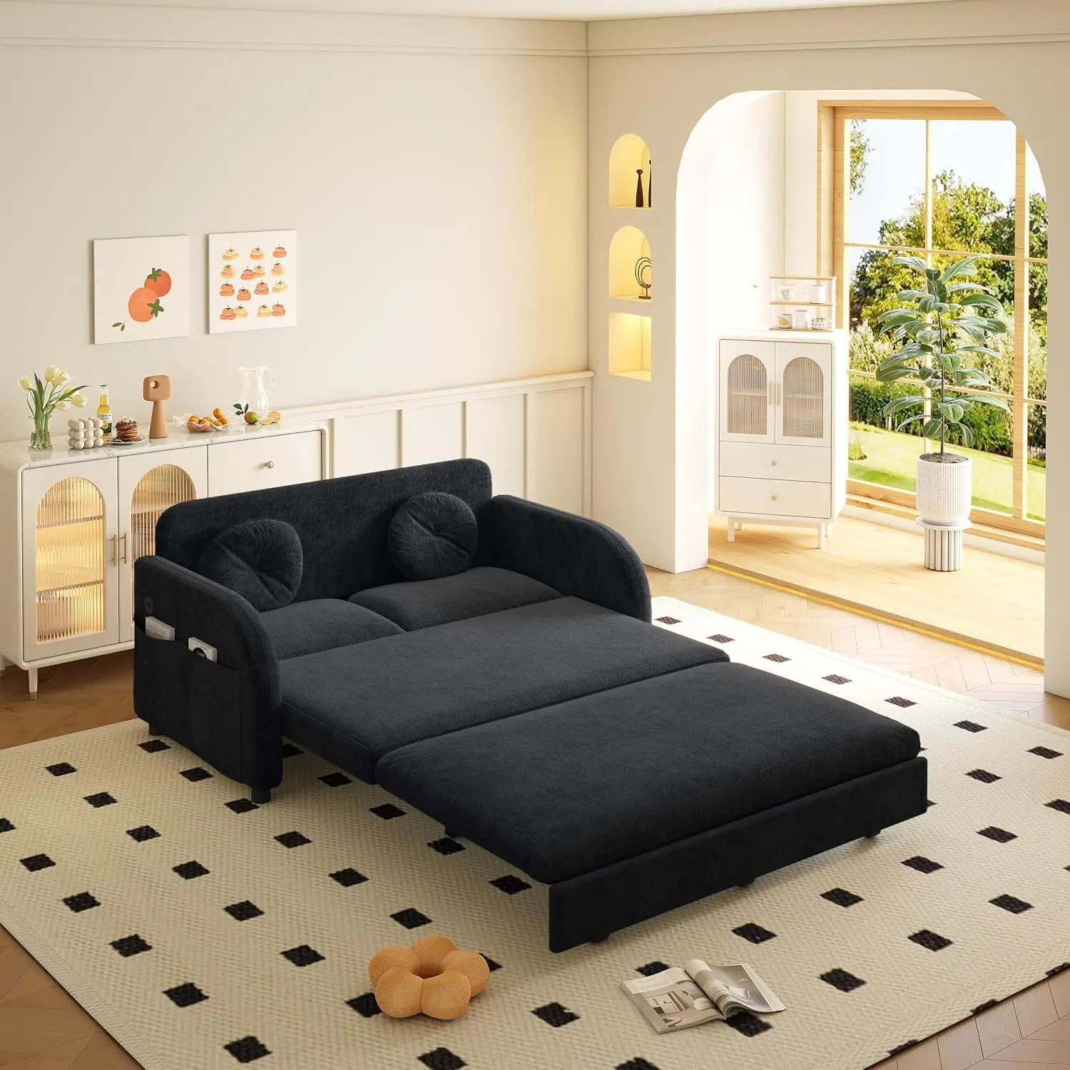 Sleeper Sofa, 3-in-1 Pull Out Loveseat, USB, 2 Pillows, Washable Cover, Pocket, for Living Room, Small Space, 52.4, Customized