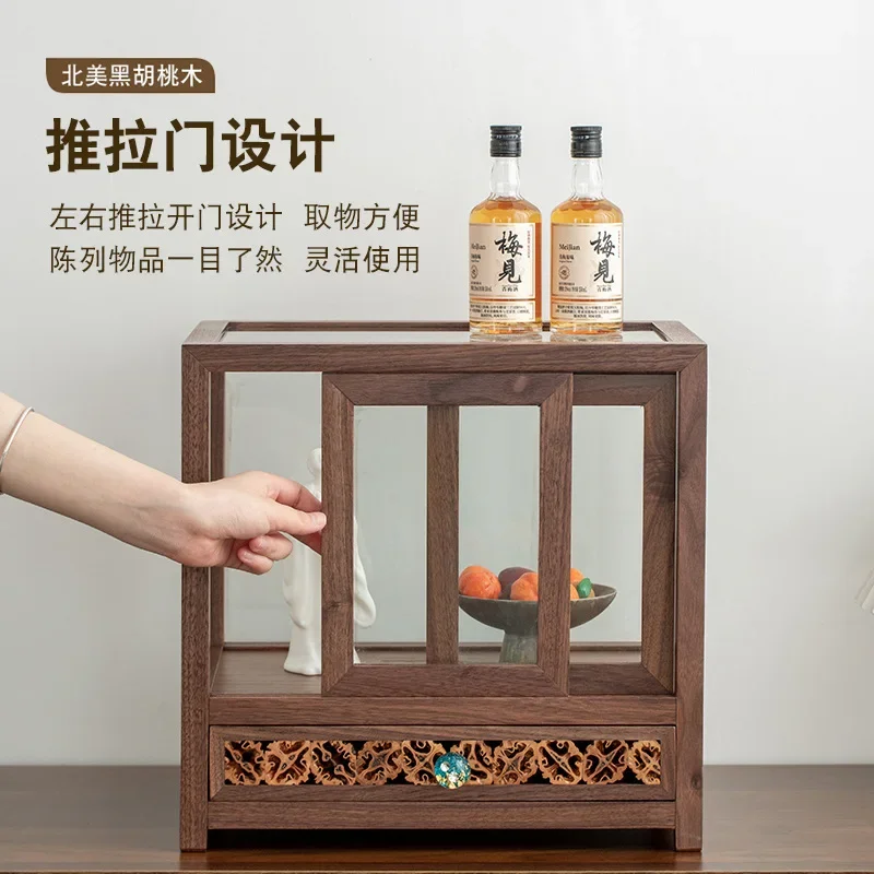 New Chinese light luxury high-end walnut veneer glass black walnut cultural play tea set cup display display cabinet
