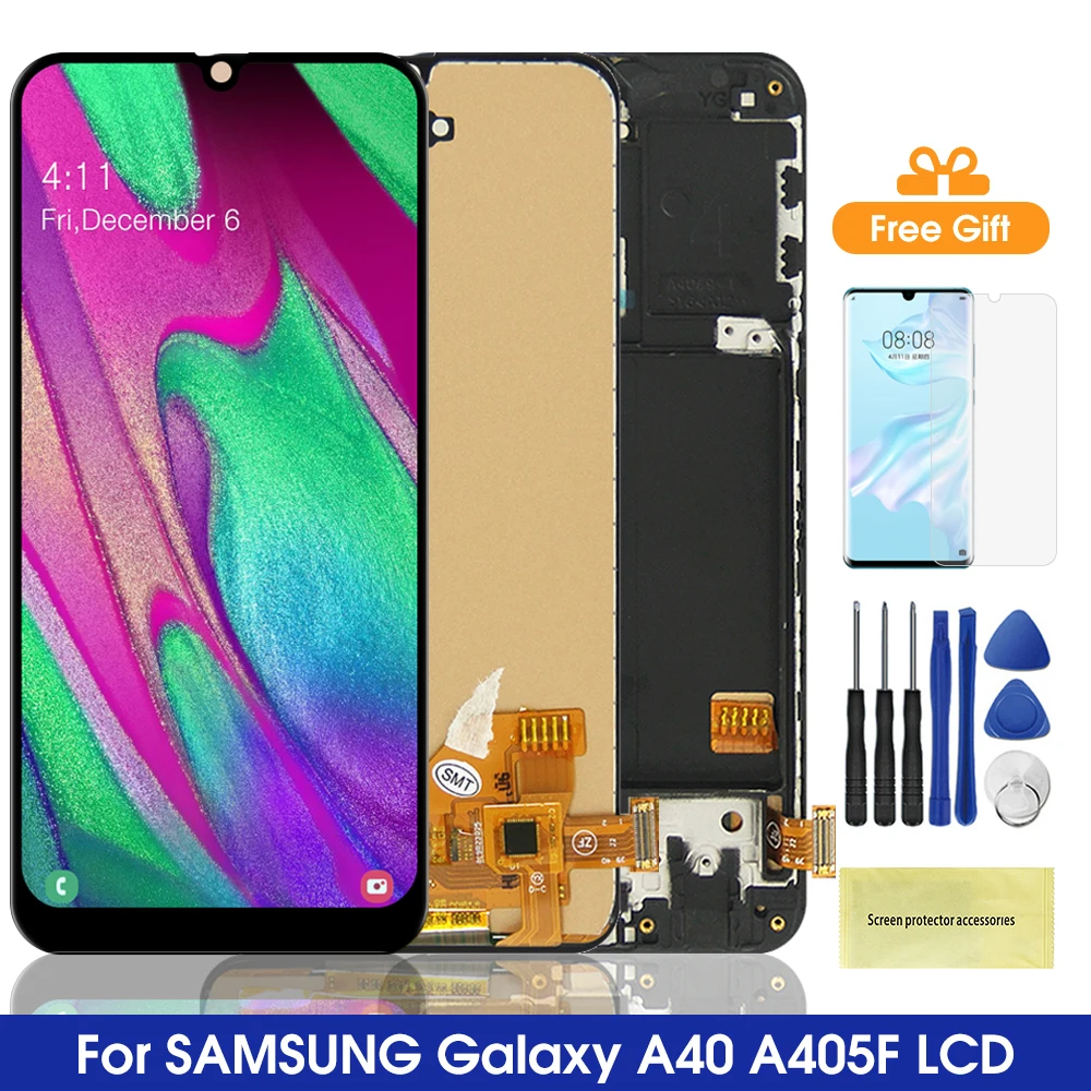 Super AMOLED A40 Display Screen, for Samsung Galaxy A40 A405 A405F A405S LCD Display Digital Touch Screen with Frame Replacement