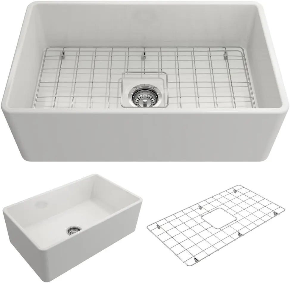 

BOCCHI Classico Farmhouse Apron Front Fireclay 30 in. Single Bowl Kitchen Sink with Protective Bottom Grid and Strainer in White