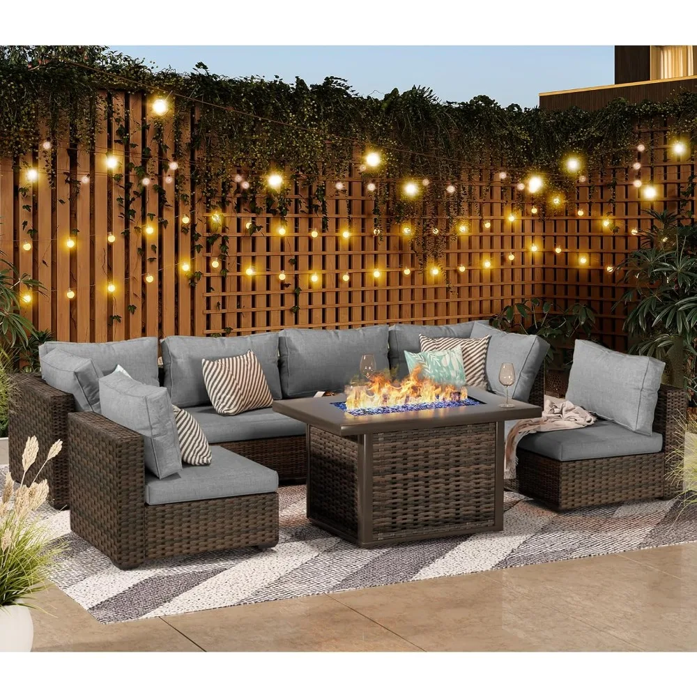 Patio Furniture Sets with Fire Pit Table Patio Sectional Outdoor Furniture Sofa Chairs Set Rattan Wicker Couch Conversation Set