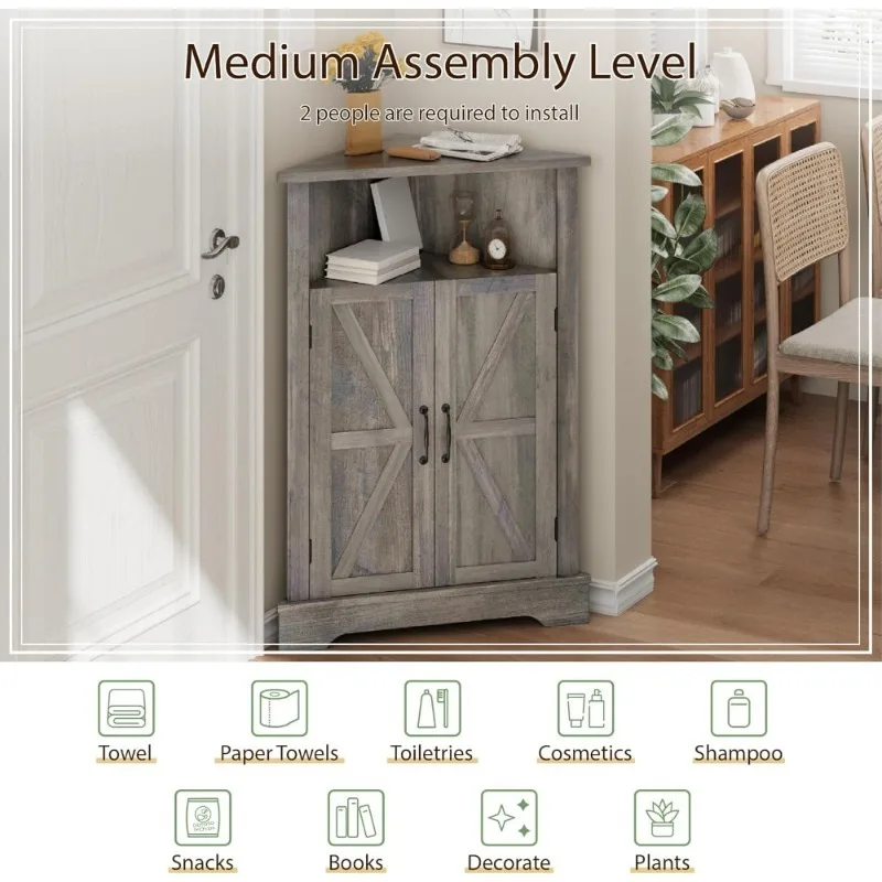 خزانة زاوية أرضية المزرعة مع باب الحظيرة، رف قابل للتعديل، منظم تخزين الحمام لغرفة المعيشة والمطبخ