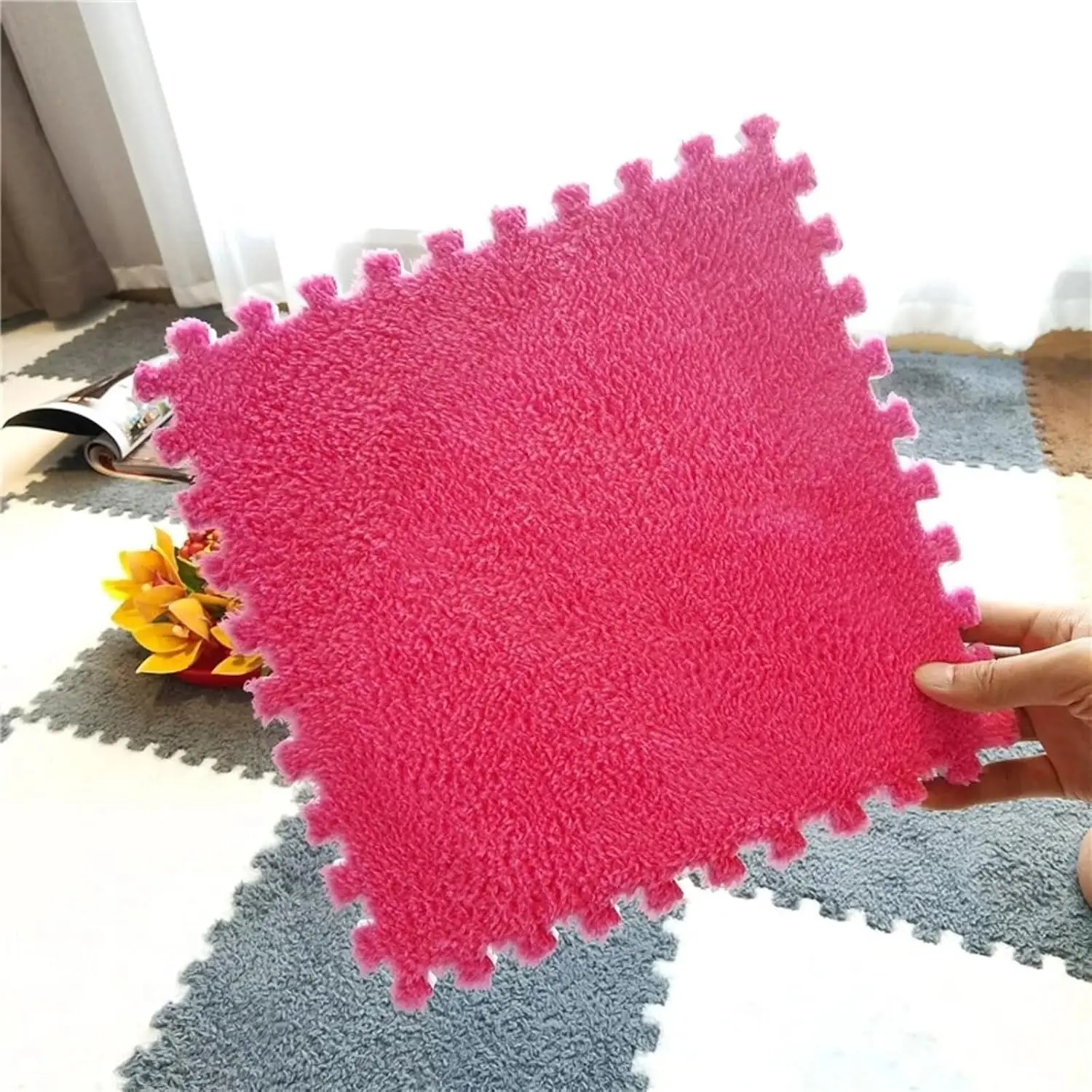12/20pcs Plush Puzzle Foam Floor Mat, Creative Fashion Carpet, Square Interlocking Carpet Fluffy Area Rugs, 11.8''X11.8''