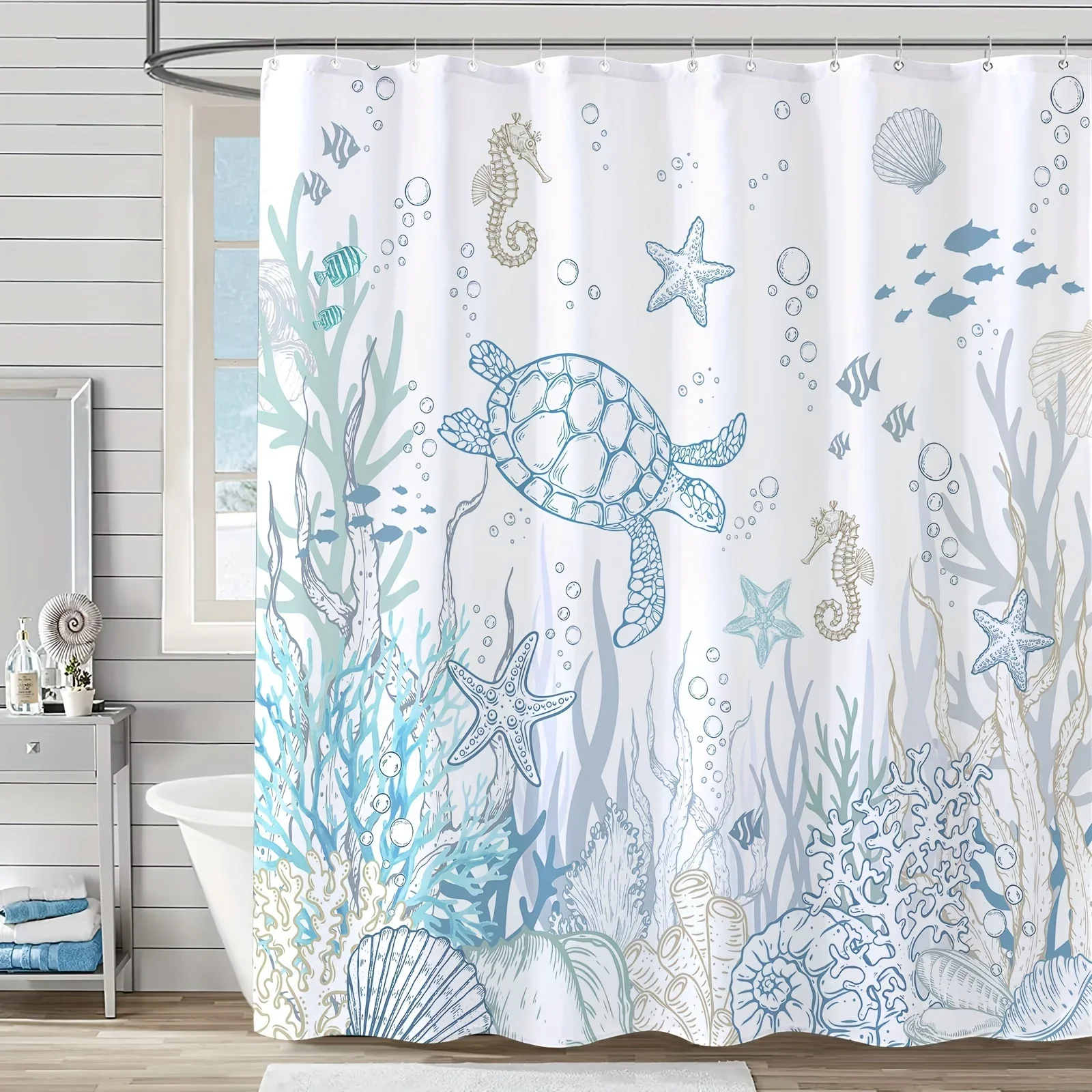 1pc Nautical Coastal Turtle Shower Curtain - Ocean Themed with Coral, Starfish & Seahorse, 12 Hooks, Bathroom Decor