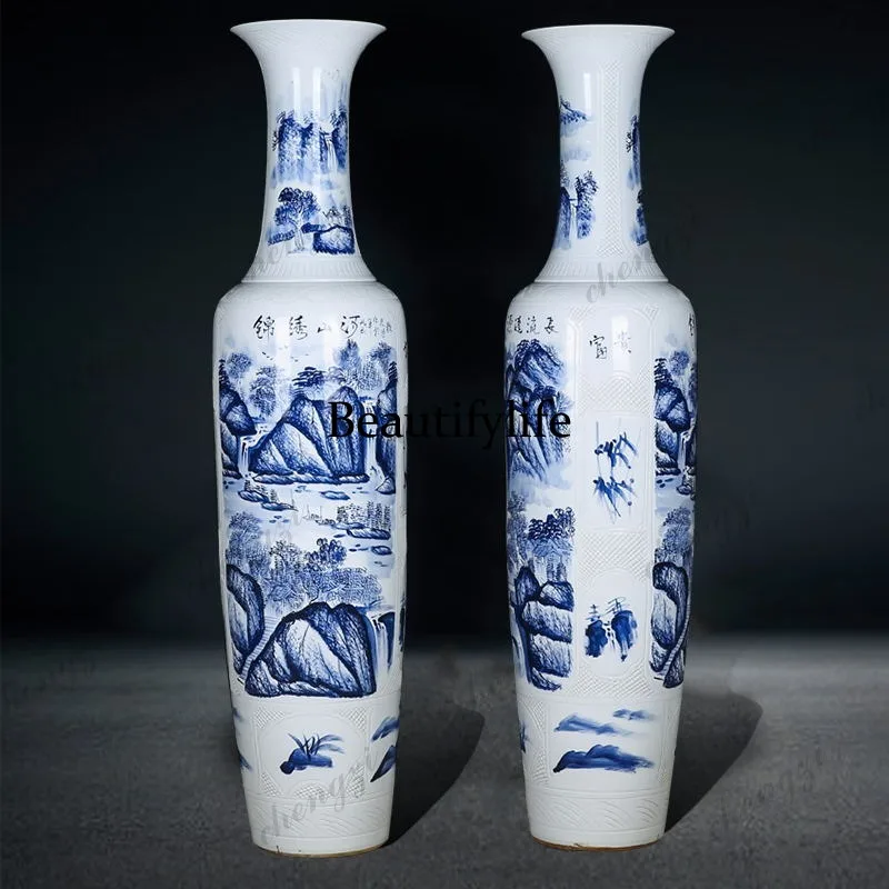 Jingdezhen ceramics floor-to-ceiling vase hand-painted blue and white porcelain brocade mountain and river  hotel opened
