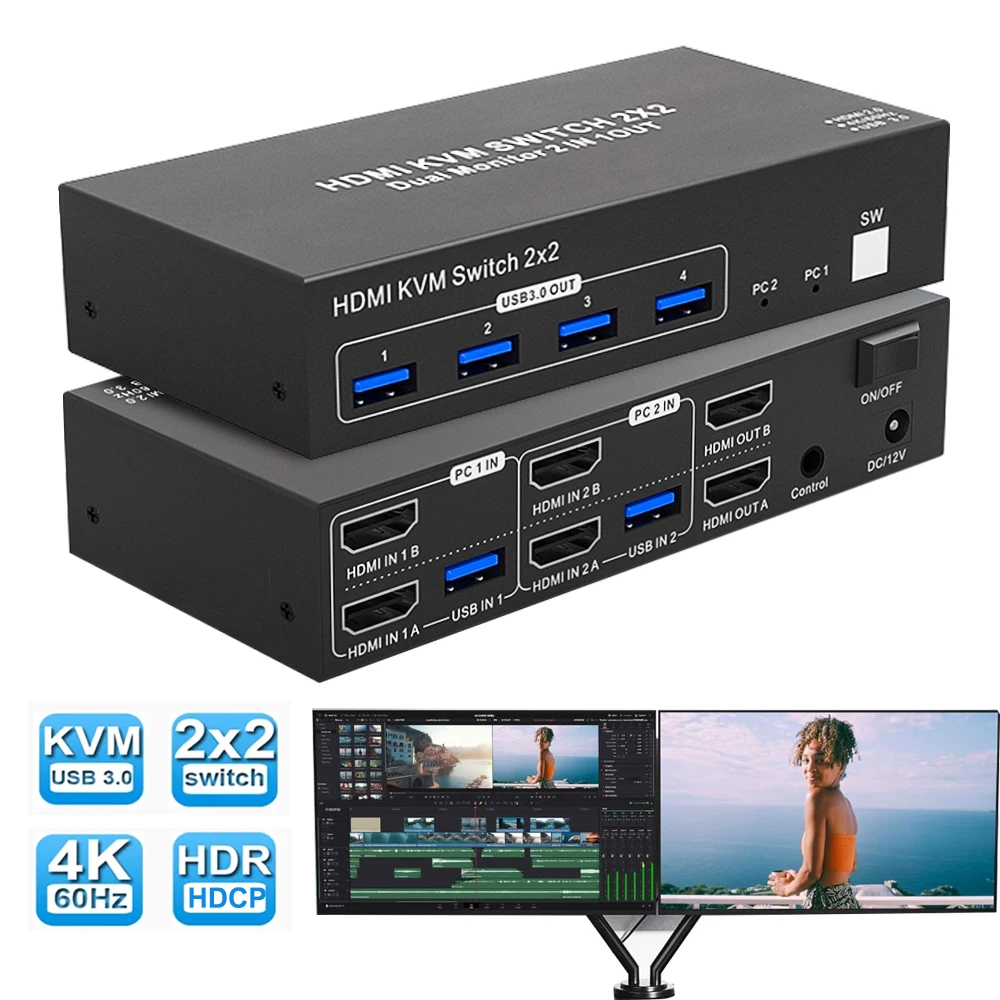 2X2 KVM Switch Dual Monitor 4k 60Hz HDMI 2.0 KVM Switch Extended Display HDMI DisplayPort USB 3.0 KVM Switch 2 in 2 out for PC