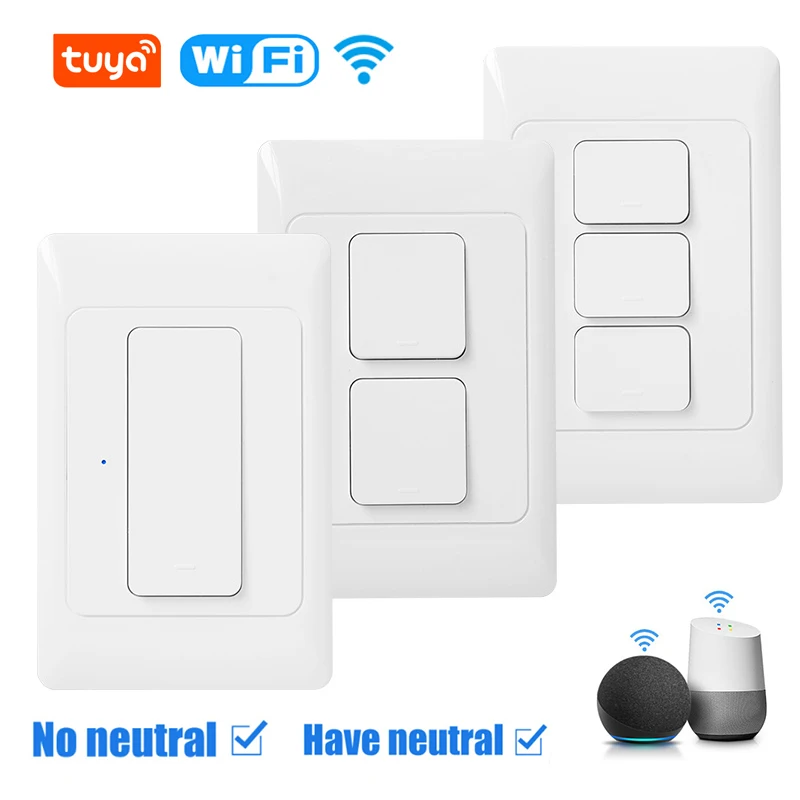 Wifi Light Switch Tuya Smart Wall Push Button Switches No Neutral Wire Required 110-240V 1/2/3 Gang Physical Lamp Switch