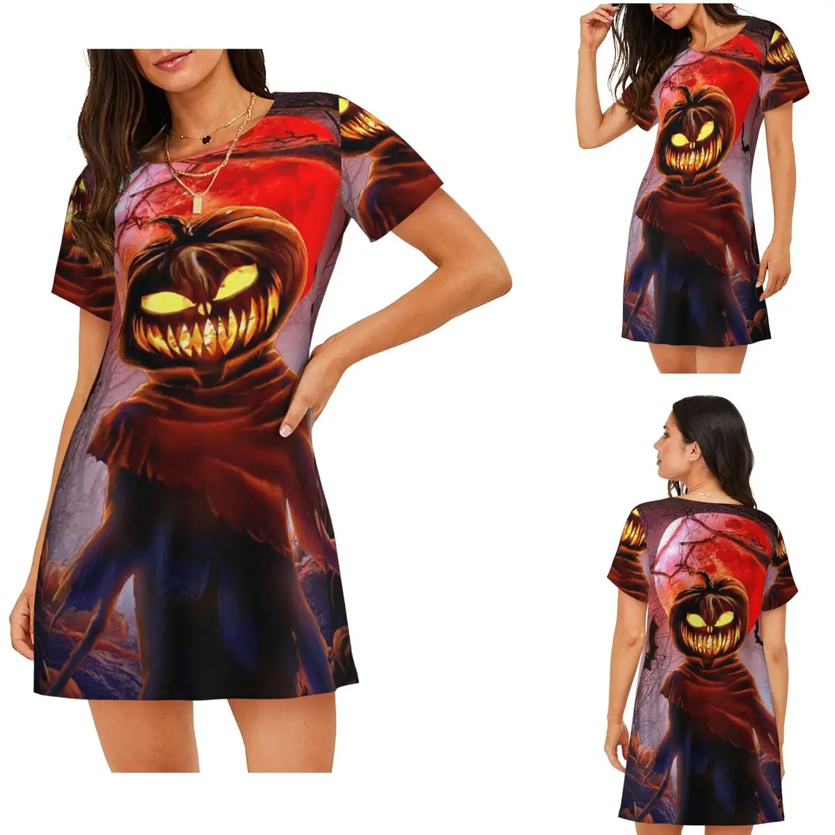 Halloween Pumpkin Scarecrow Short Sleeves Nightdress For Sleeping Sleepshirts Women Short Sleeve Nightgowns Loose Pajama Dress