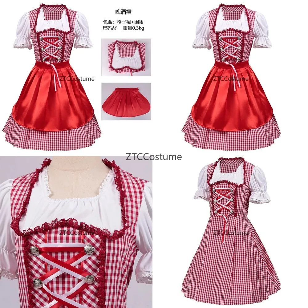 German Bavarian Oktoberfest Costume Dirndl Dress with Blouse Skirt Apron Red Lattice Cosplay Festival Beer Party Outfit