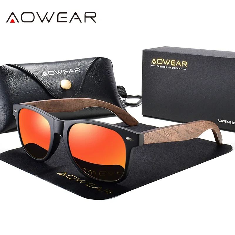 AOWEAR Brand Wood Aviation Sunglasses for Men Women Polarized UV400 Walnut Wooded Vintage Mirror Glasses with Case