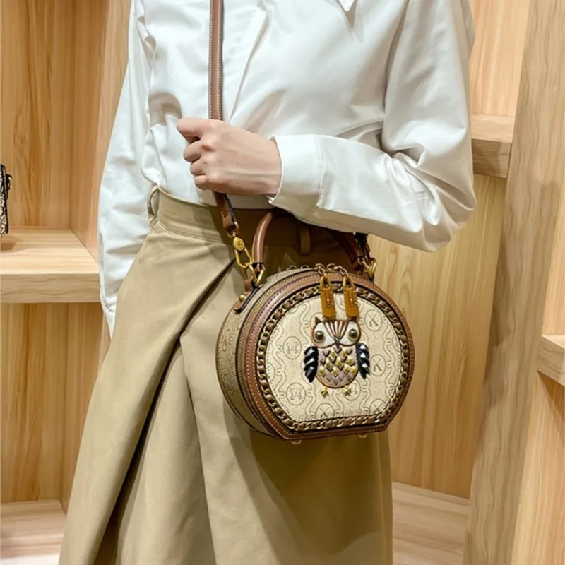 Women\'s Handbag Light Luxury Brand Handheld Round Bag New 2024 Premium Genuine Leather Shoulder Bag Designer Retro Crossbody Bag