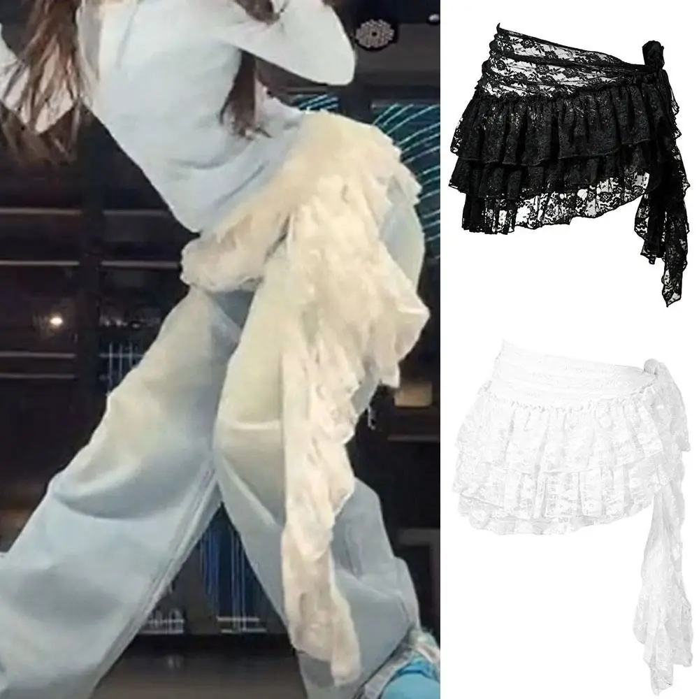 

Jeans Pants Decor Embroidered Flower Lace Mini Skirt Irregular Y2K Streetwear Ruched Skirts Harajuku High Waist Butt Curtain