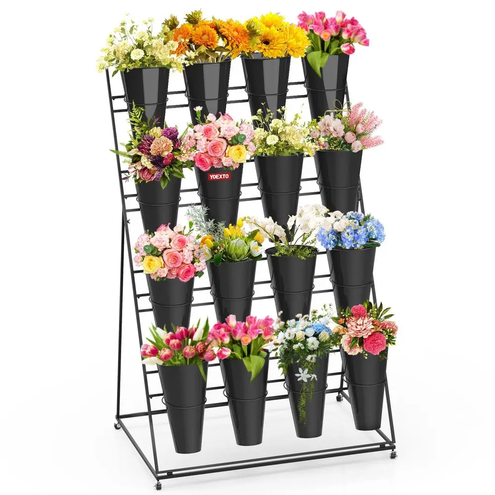 Display Stand 4 Layers with 16 PCS Round Buckets, Plant Stand with Wheels, Movable Metal Plant Stand for Terrace Garden, Floris