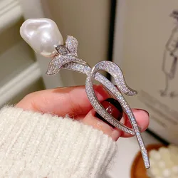 Elegant New Chinese Style Exquisite Micro-inlaid Zircon Tulip Corsage Imitation Baroque Pearl Brooch Accessories Suit Jacket Pin
