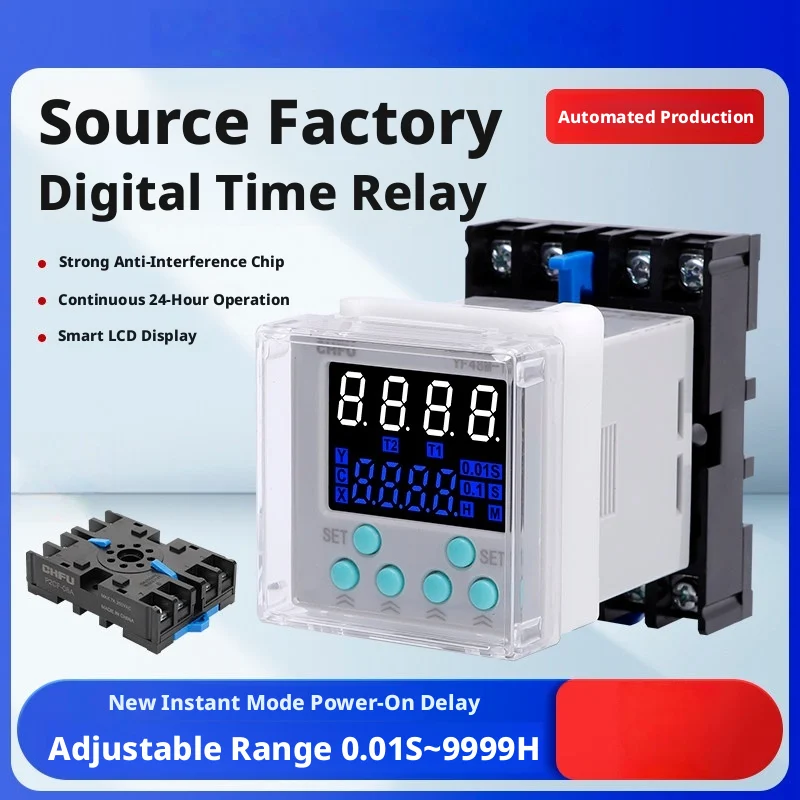 8-Pin Time Relay, Dual-Line Blue LCD, 0.01S-9999H, 3 Modes, Quick-Connect Terminals, Control Panel Ready