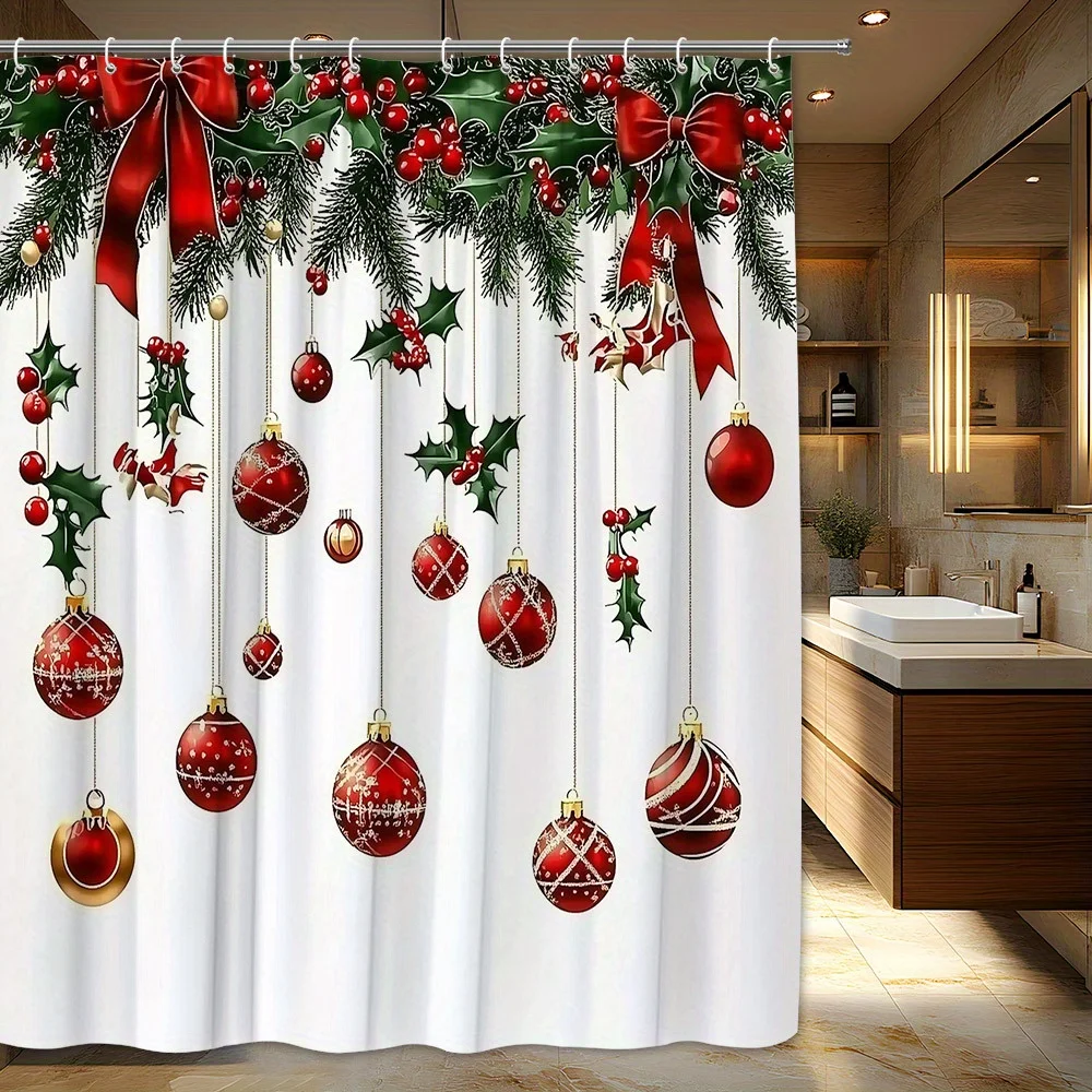 Festive Christmas Shower Curtain with Holly Berries & Red Ornaments - Snowflake Pattern, Pine Branch Design