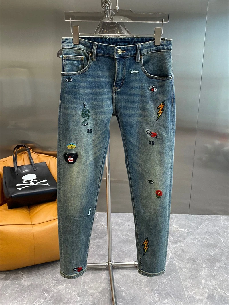 

Faionable Embroidered Men's Jeans Casual Waed out Straight Leg Elastic Stretchy Autumn Youth Trendy Long Pants