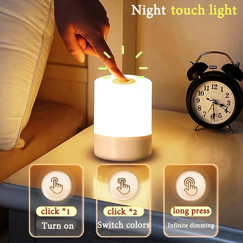 Luz nocturna cálida regulable junto a la cama, luz nocturna USB, 4800Mah, recargable, control táctil, luz nocturna para el cuidado de los ojos