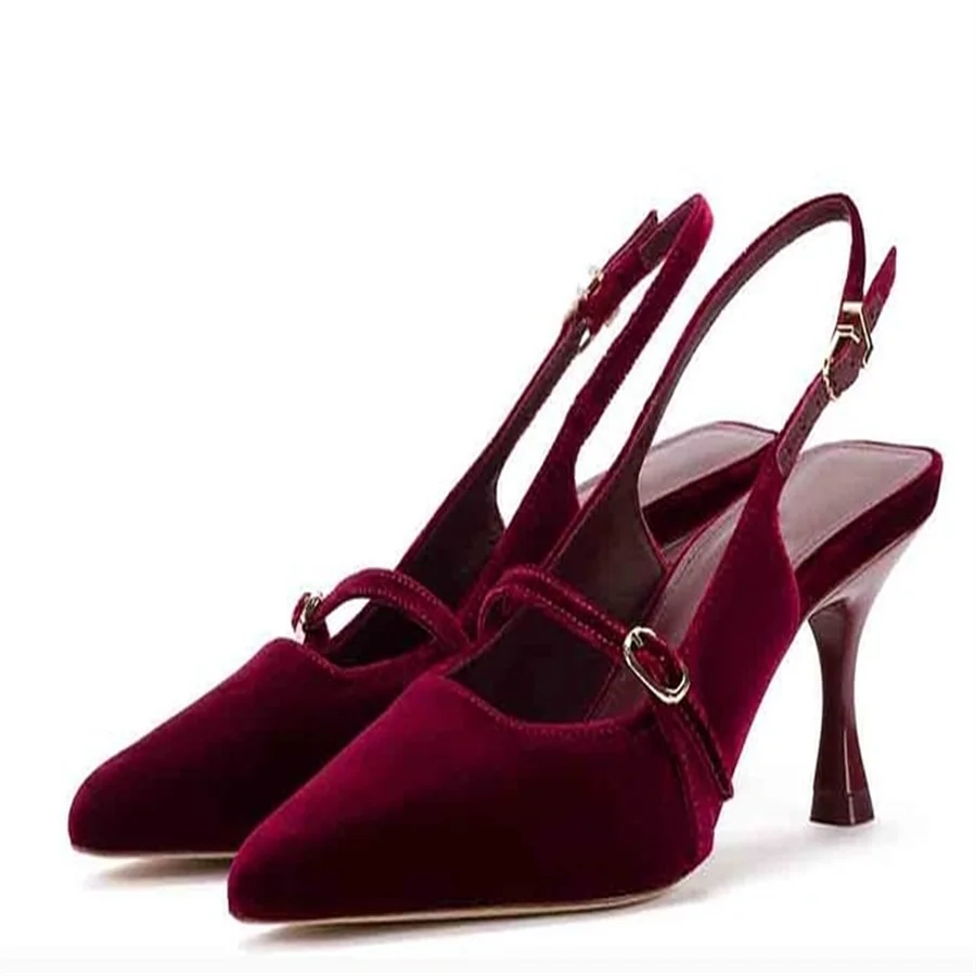 

Burgundy Velvet Pointed Toe Kitten Heels Slingback Pumps with Buckle