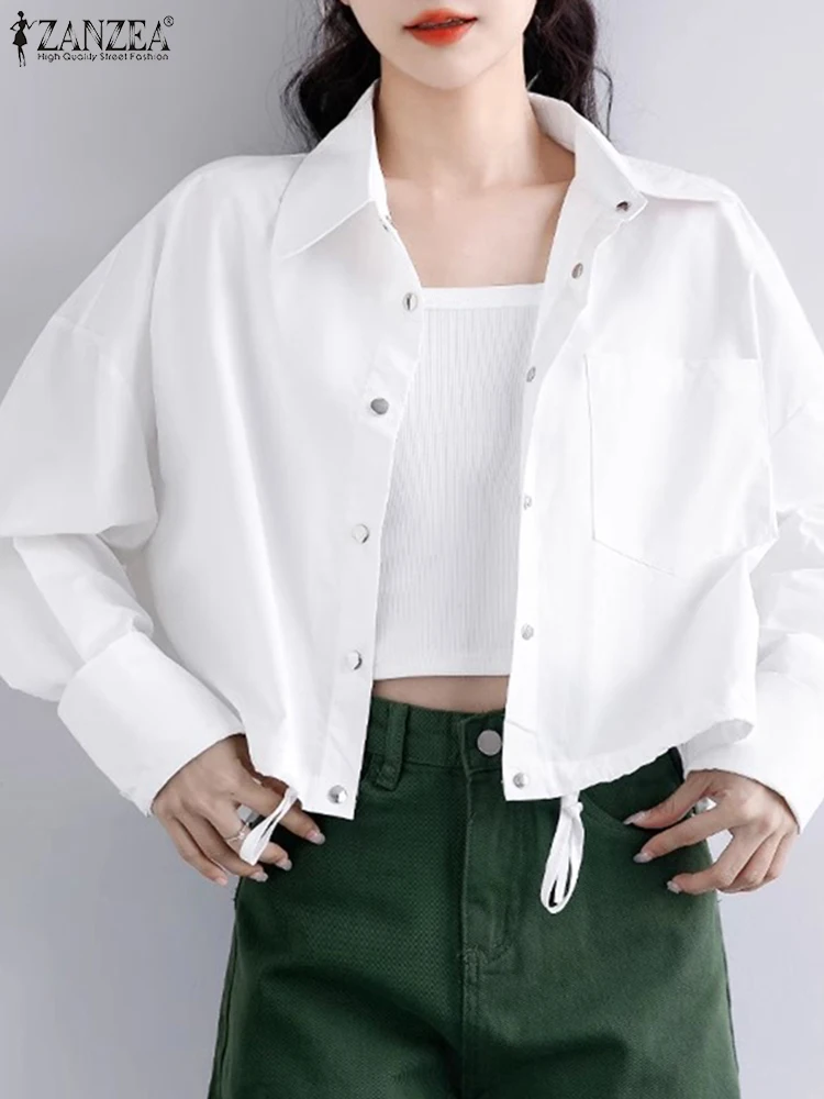 

Women Long Sleeve Shirt Jackets ZANZEA Korean Fashion Solid Short Coats 2024 Spring BF Style Drawstring Collect Waist Outwear