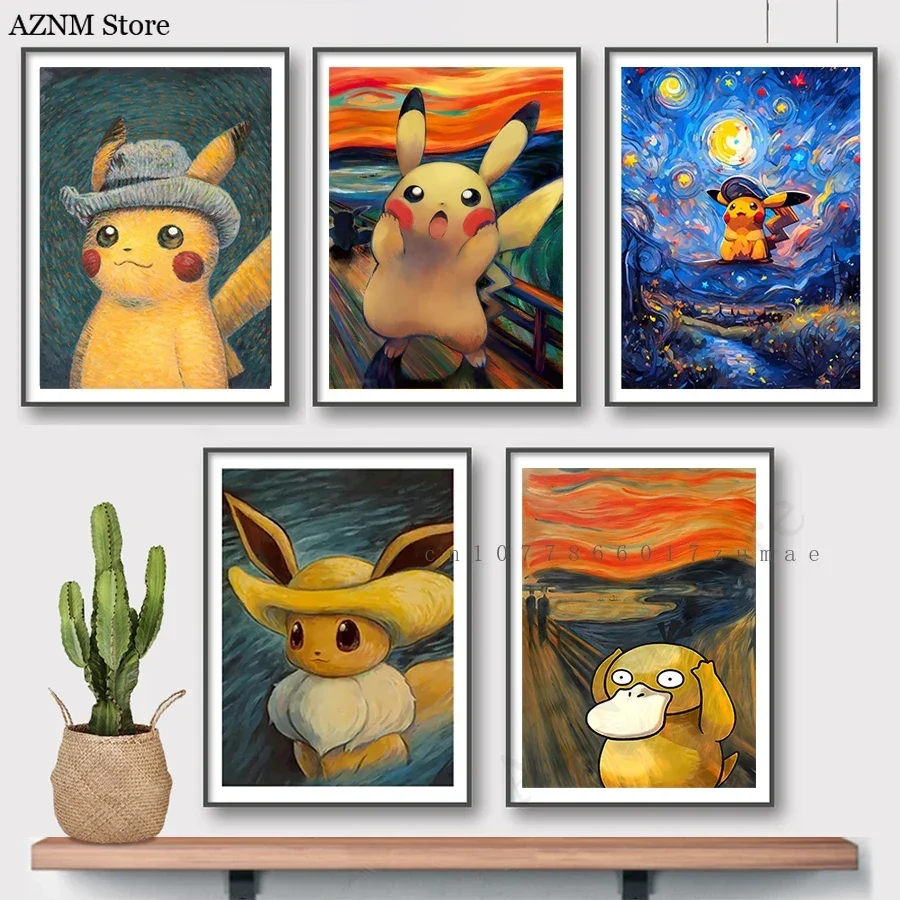 Pokemon Anime Charakter Pikachu Poster Van Gogh Museum Aquarell Leinwand mit HD gedruckt Wandkunst Bilder für Wohnzimmer Geschenke