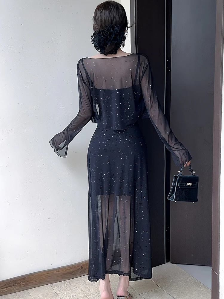 2025 rouge brillant maille Sexy fronde longue robe + t-shirts deux pièces ensembles femmes été coréen Vintage luxe moulante deux pièces costumes