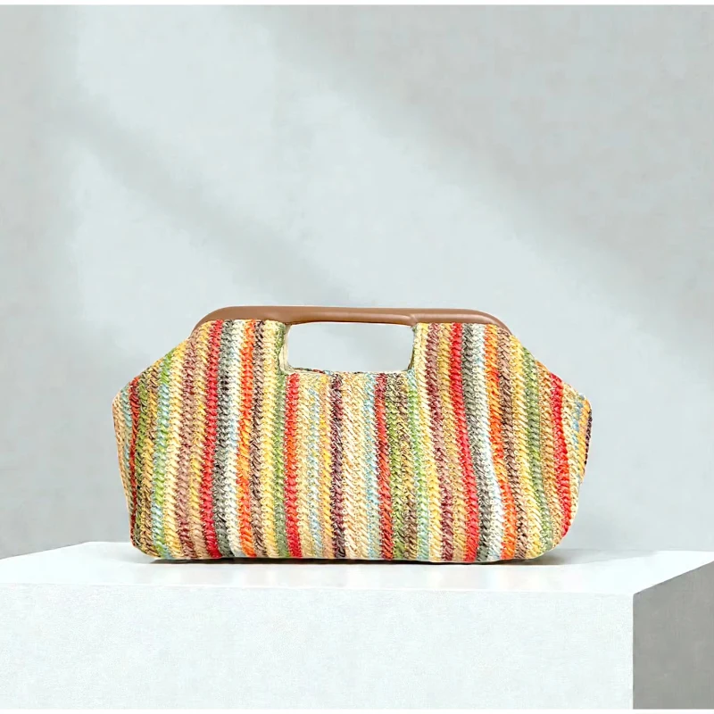 Handtasche mit Obergriff, Clutch aus gewebtem Stroh, Hobo-Tasche in Ahornblatt-Farbblock-Design, Damen-Sommermode-Abendtasche mit Farbkontrast – Detail 7