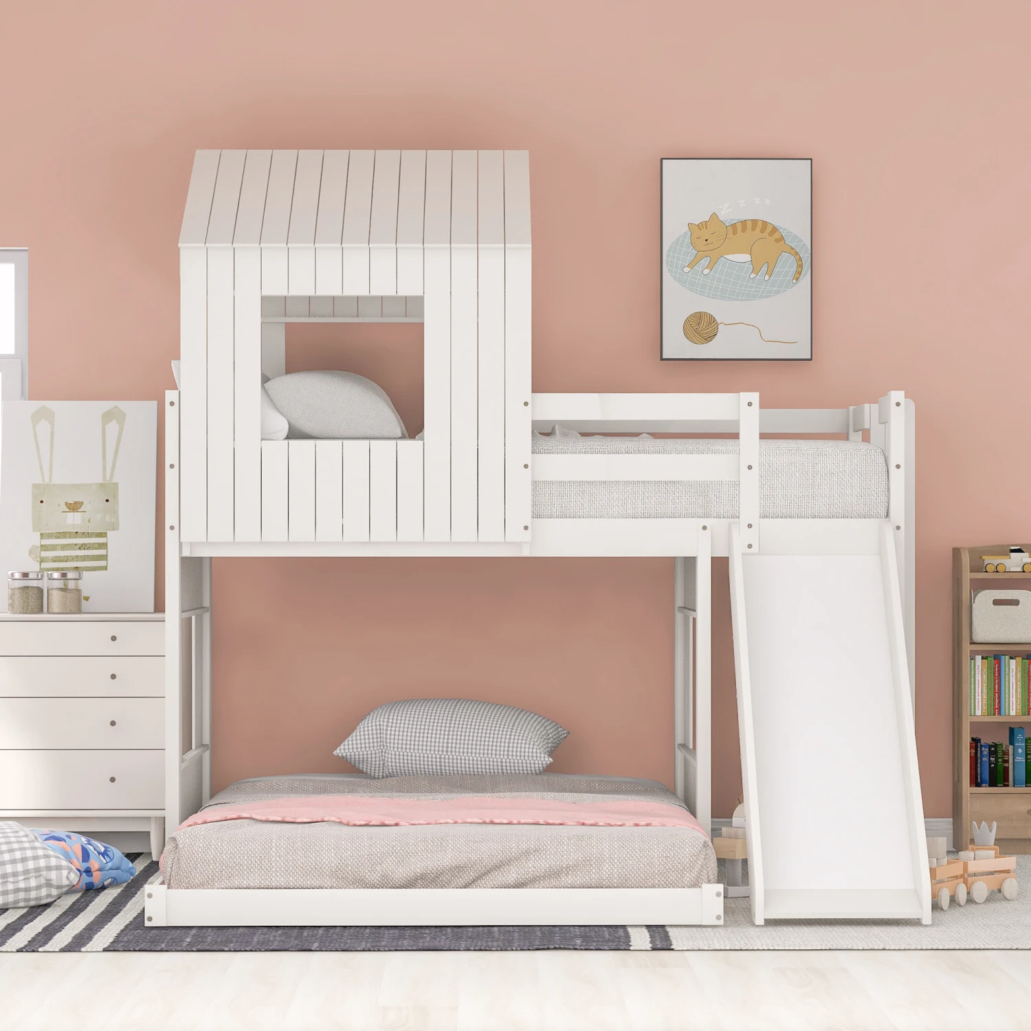 Wooden Twin Over Full Bunk Bed with Playhouse, Farmhouse Design, White Color, Ladder, Slide, Guardrails - LT000028AAK