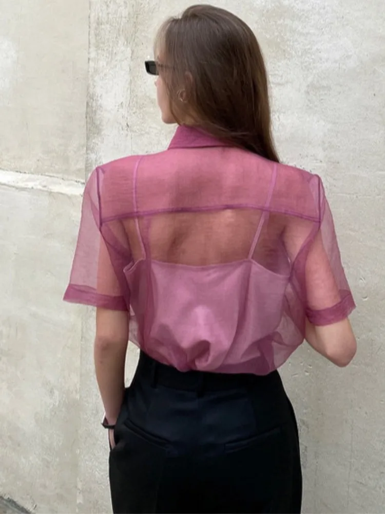 Elegancka, seksowna, luźna bluzka z bufiastymi rękawami, cienka, prześwitująca, zapinana na jeden guzik, z kołnierzykiem typu flip, codzienna bluzka damska.