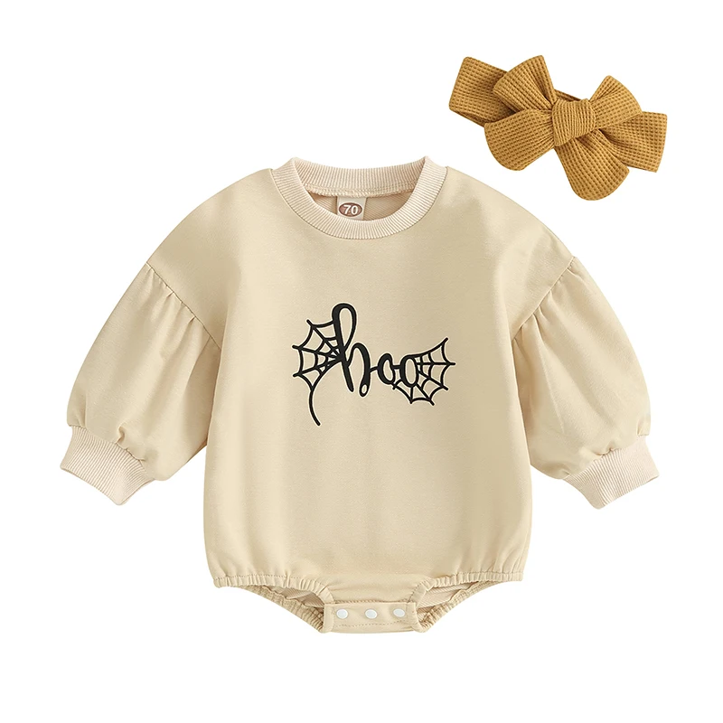 Baby Girls 2Pcs Halloween Outfits Bubble Long Sleeve Spider Web Letter Print Romper Bodysuit with Headband Set Fall Clothes