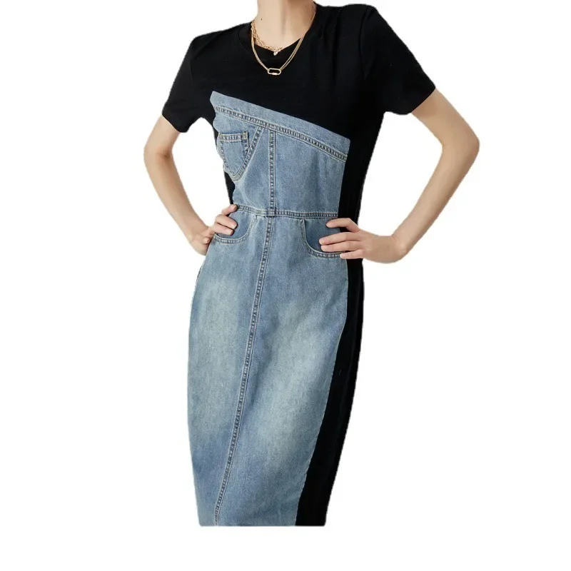Women Dress Denim Long Dresses Round Neck Short Sleeve Elegant Splice Autumn Tight Waist Casual Temperament Vestidos 2024