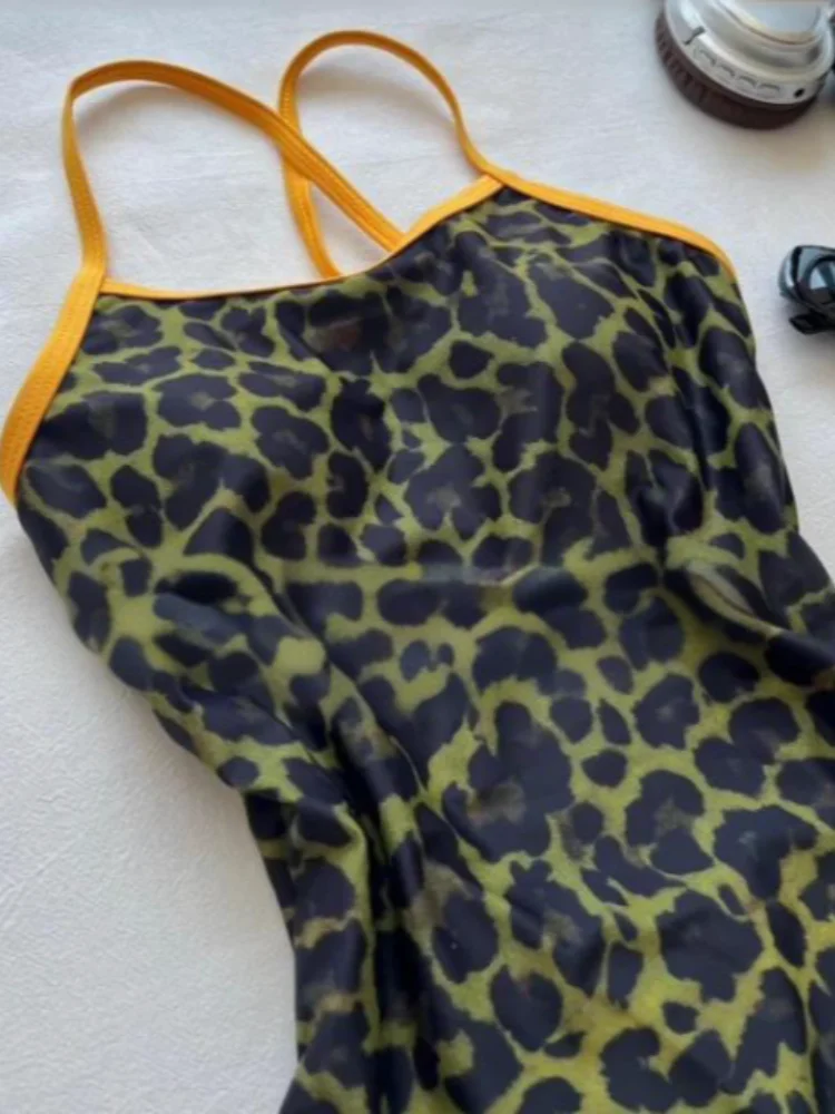 Fato de banho feminino feminino de corrida de uma peça com estampa de leopardo, estilo harajuku, estilo feminino, feminino, feminino, roupa de banho de uma peça
