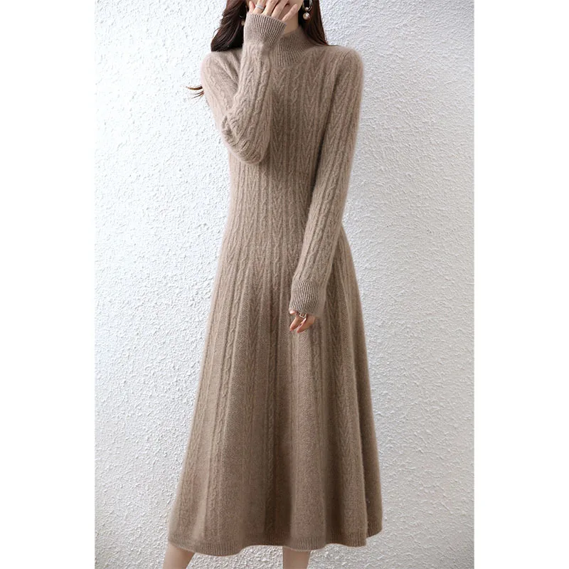 

Half Turtleneck Wool Dress Women, Autumn Winter Mid-Length Over--Knee Sweater Dress, Slimming Knitted Base A-Lin
