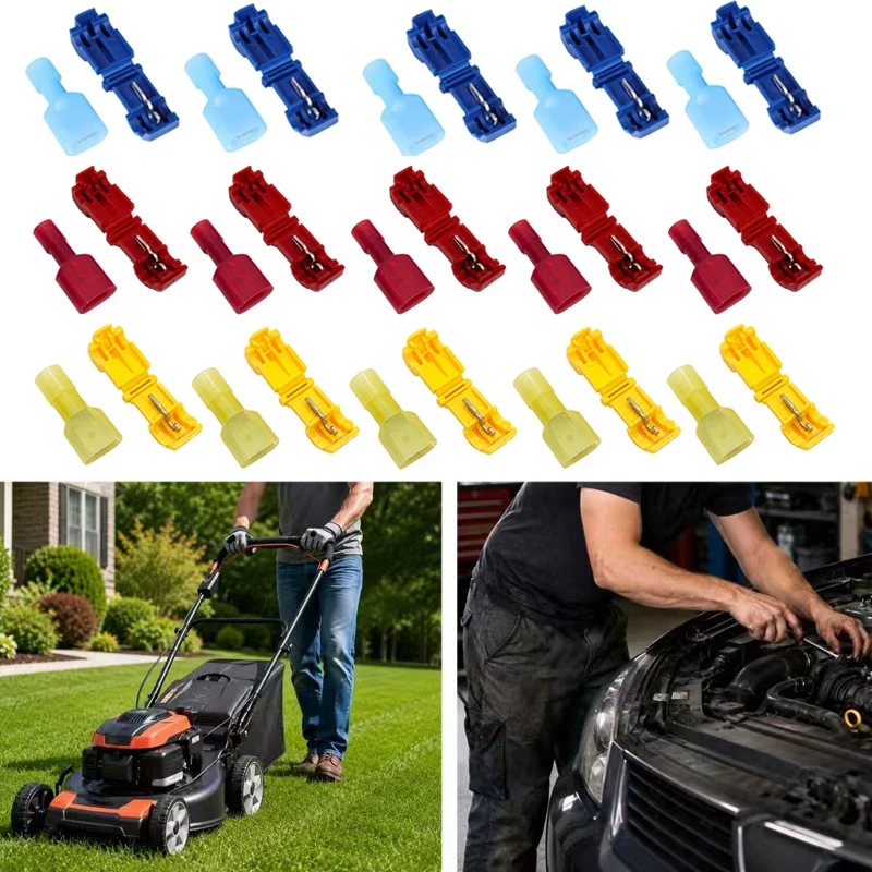 100pcs T-type quick connection terminal blocks, nylon insulated, three color set, with wire stripper, 22-18, 16-14, 12-10AWG,