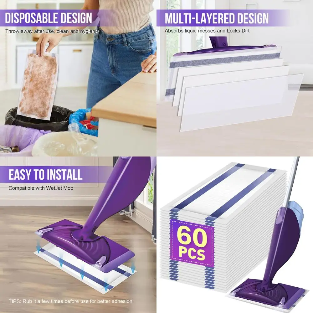 

Wet Jet Mop Compatible Refills, 60-Pack Disposable Multi-Surface Hardwood Floor Cleaning Pads