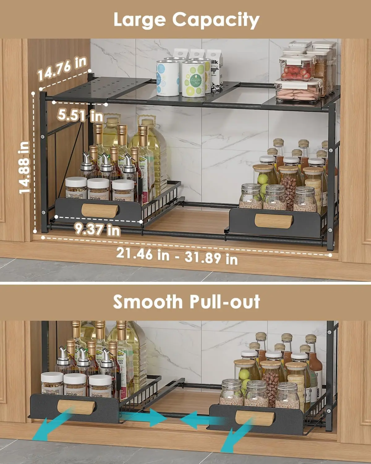 

Realinn Extendable Under Sink Organizer, 2 Tier Expandable Under Cabinet Organizer Shelf With Height Adjustable, Retractable