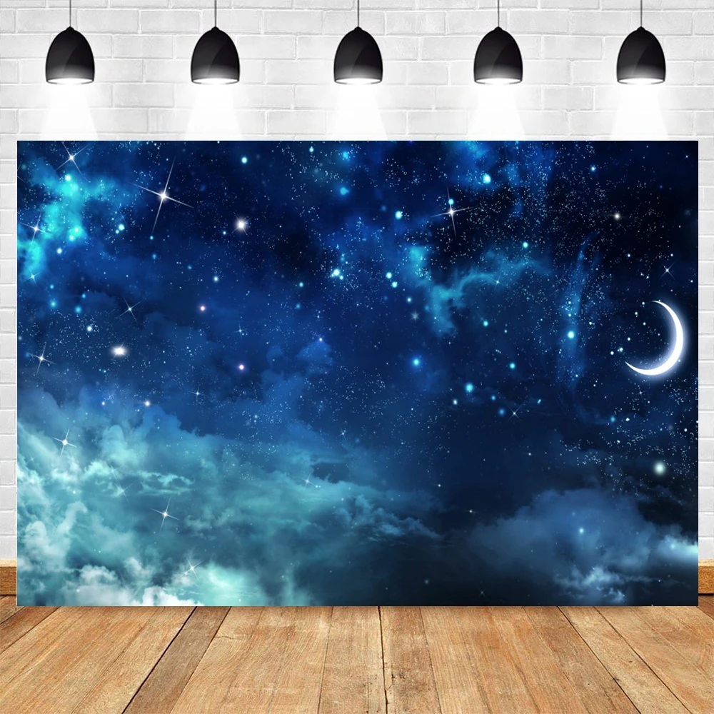 Night Starry Sky Cloud Backdrop Photography Moon Star Space Universe Planet Earth Baby Birthday Portrait Background Photo Studio