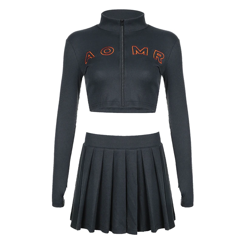 HEYounGIRL Embroidery Letter Long Sleeve Zipper Coat and Pleated Skirt Gray Casual Women\'s Co-ords Autumn Winter Fashion Street