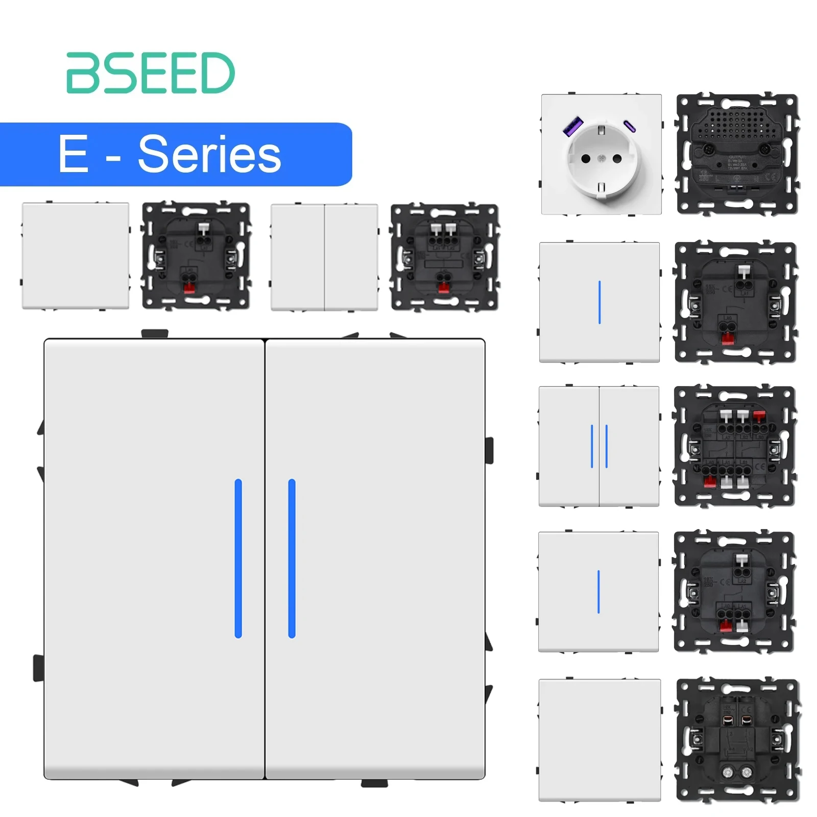 

Модуль кнопочного переключателя BSEED, USB-разъем для зарядки телефона, детали настенного выключателя, вставка для ключа, пластиковая рамка, комбинация серии E, белый цвет