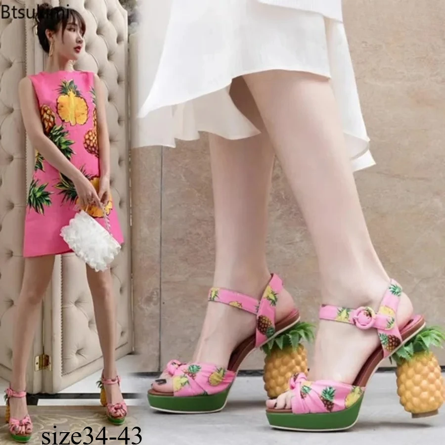 Fashionable and Fun Women's Pineapple Printed Open Toed Thick Soled Sandals with Buckle Straps and Strange Pineapple High Heels