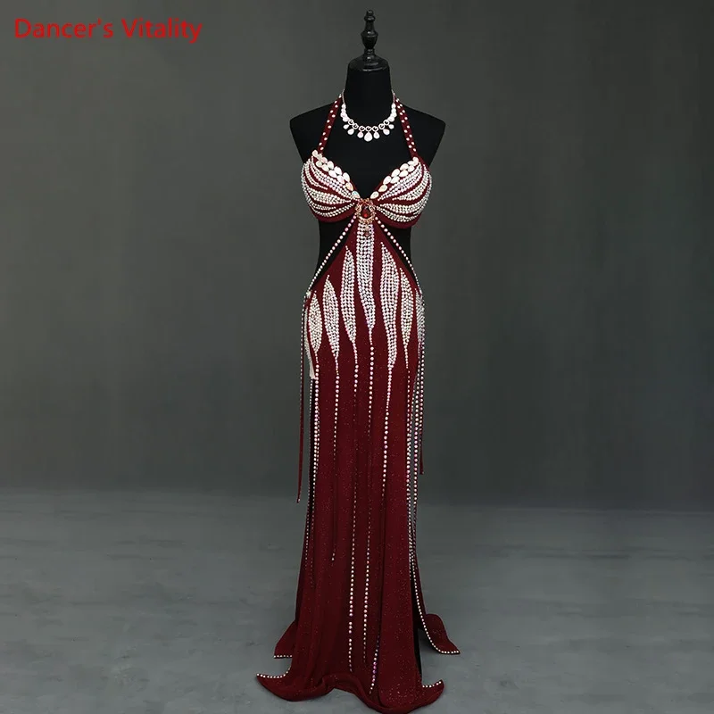 Belly Dance Performance Costume Dress for Women Custom Green Fruit Wine Red Half Conjoined Oriental Dance Competition Dresses