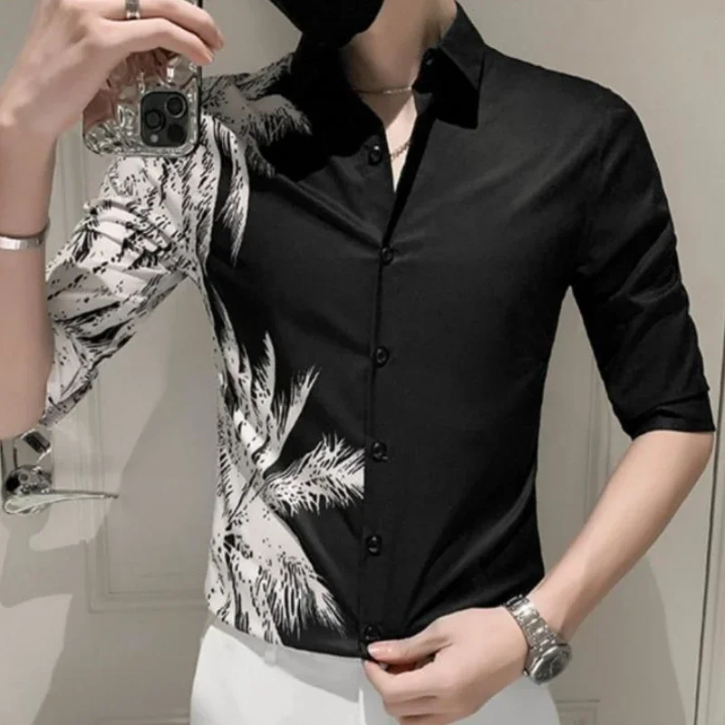 

Man Shirt Floral Print Half Sleeve Shirts for Men Black Summer Tops Cotton Silk with Sleeves Designer Aesthetic Vintage New In