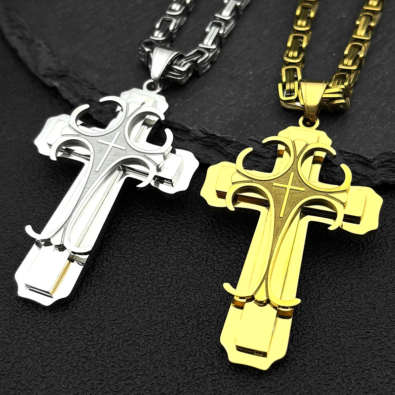 Colar com pingente de cruz cristã multicamadas, para homens, hip hop, aço inoxidável, cor dourada, corrente bizantina, joias, presentes