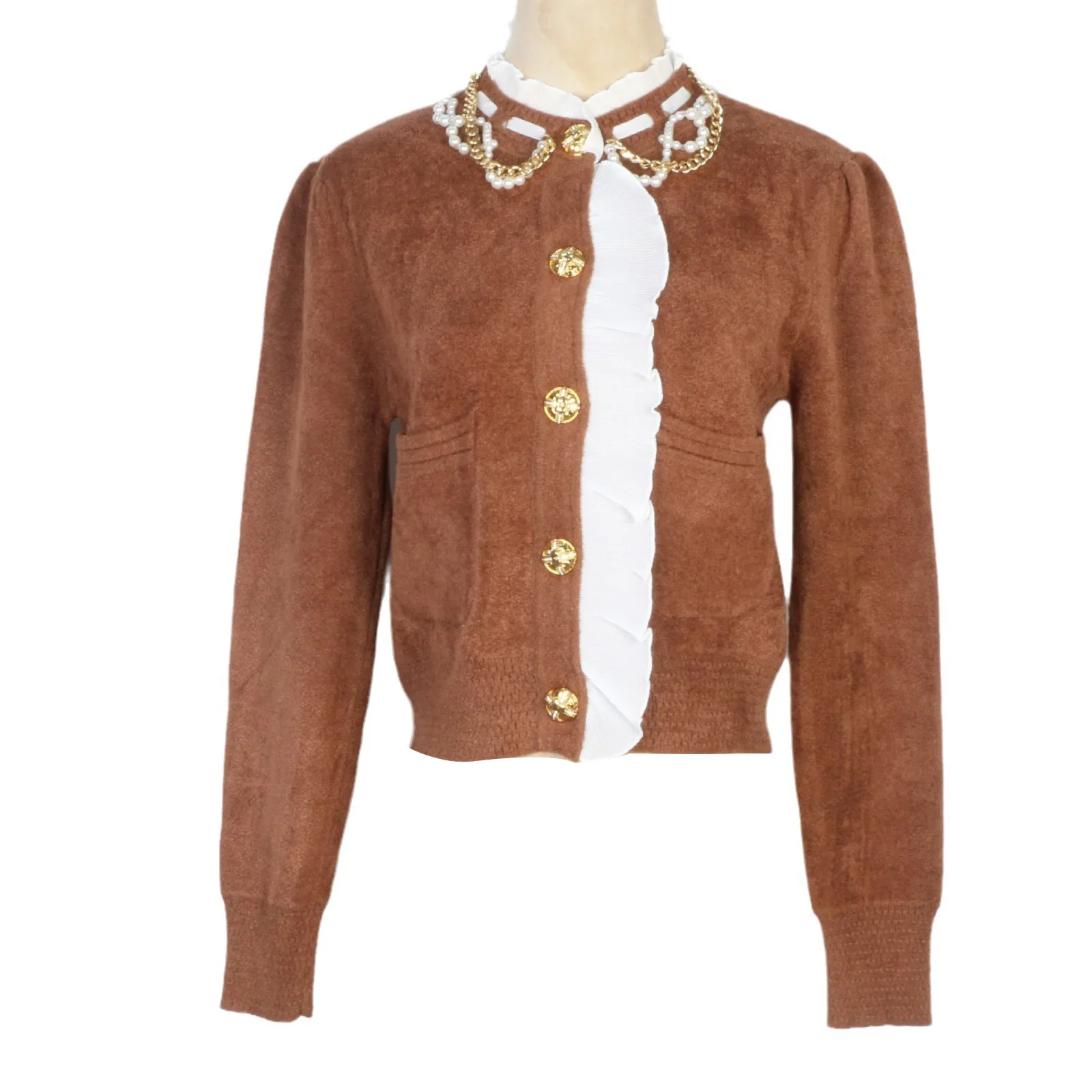 

French elegant knitwear with beaded ruffles, stylish and versatile, age-reducing knitting, small fragrant style knitting