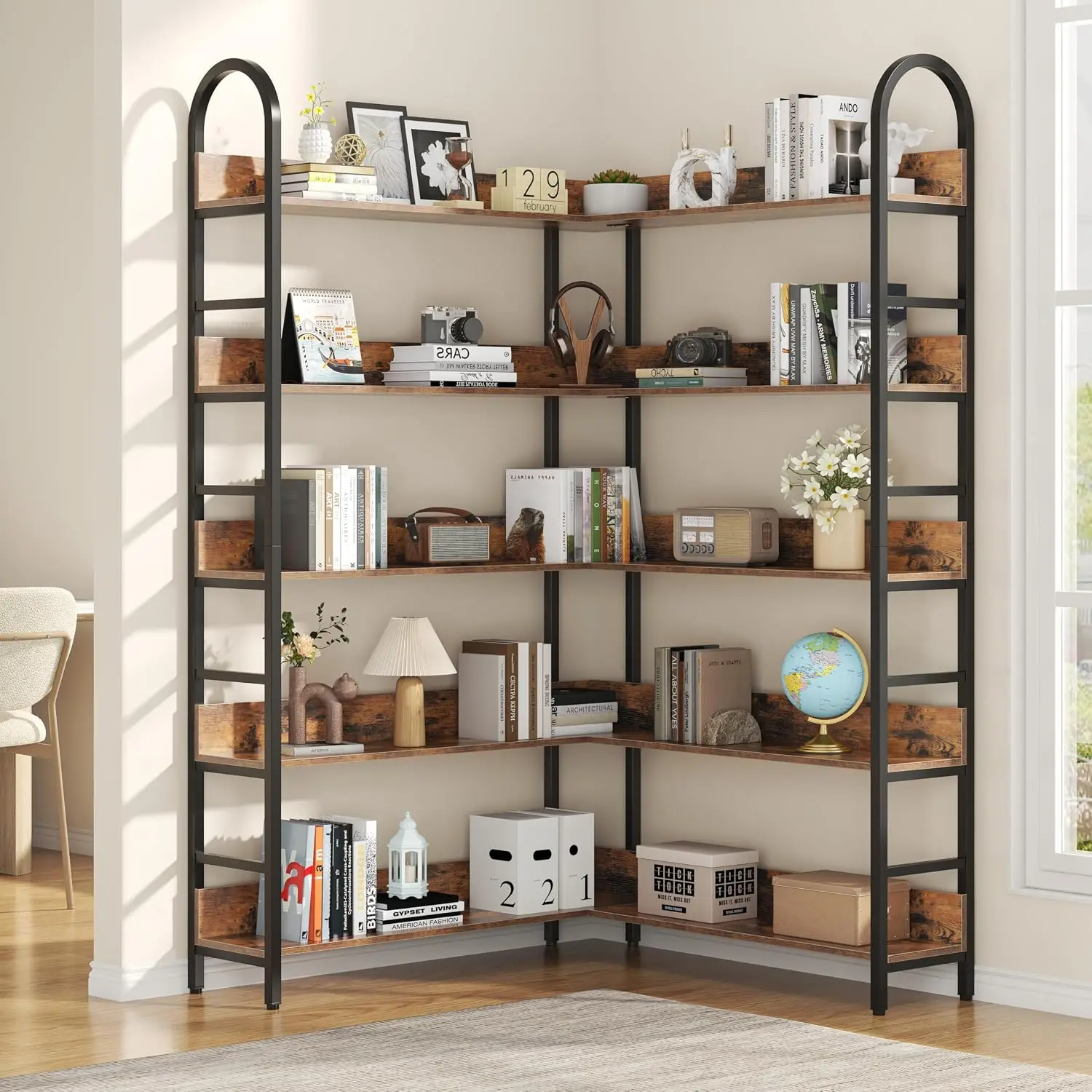 Tall Corner Bookshelf, Heavy Duty Industrial Bookcase, Living Room Home Office Bedroom, L Shaped Etagere Display Shelf Storage Rack Organizer, Rustic Modern Style, Rustic Brown, Single Piece